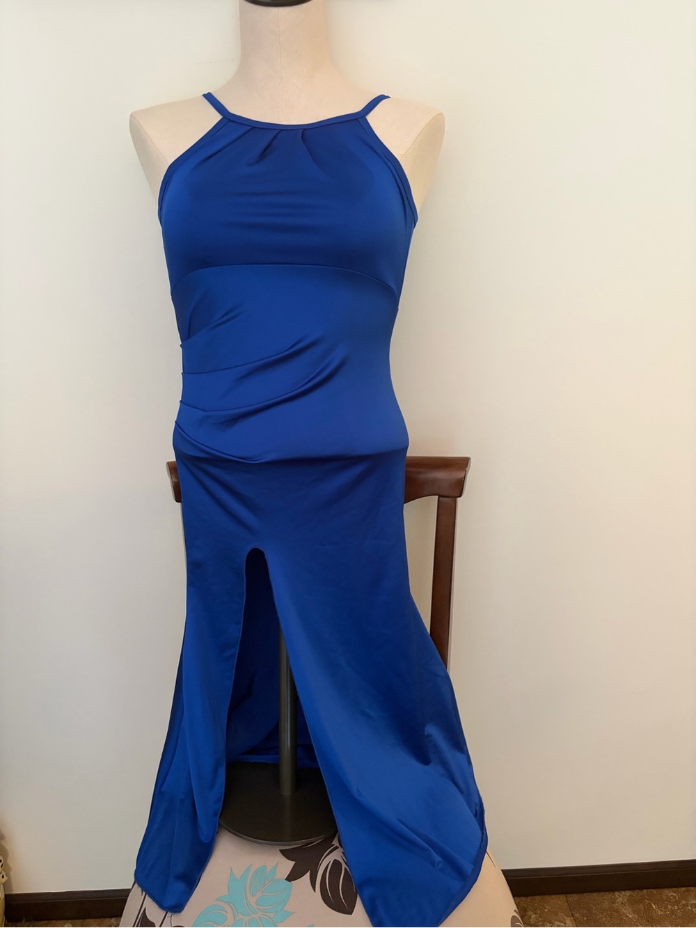 Sleek Royal Blue Halter Evening Dress